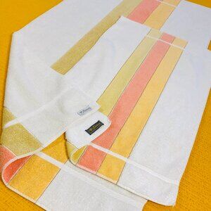 Vintage 80s FIELDCREST Cotton Bath Hand Towel Set: Pistachio Coral Honey Stripes